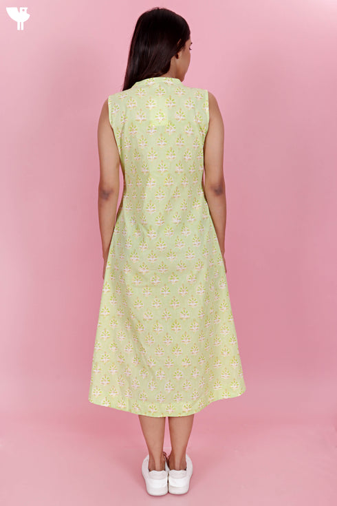 Cambric Cotton Sleeveless Dress  In Block Print